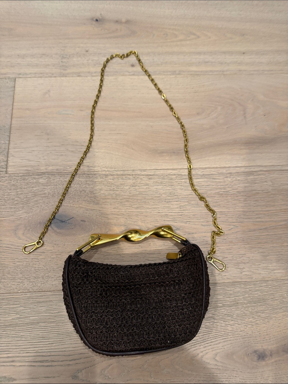 Gold-Handle Brown Woven purse hand Bag
